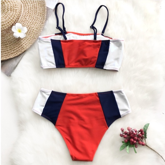 CLEARANCE Tricolor Red Navy Color Block Bandeau Bikini Set - Picture 3 of 7